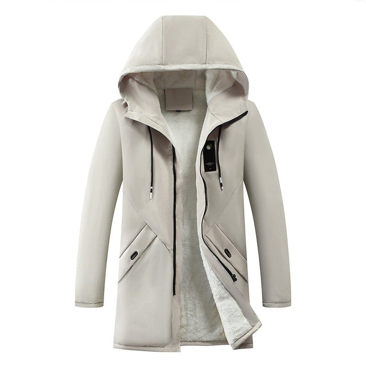 Beiger Herren-Parka mit Kapuze und weichem Fellfutter, aufgeknöpft