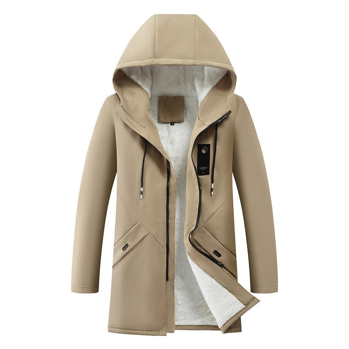 Khakifarbene Winterjacke mit Kapuze und Fellfutter, Reißverschluss offen