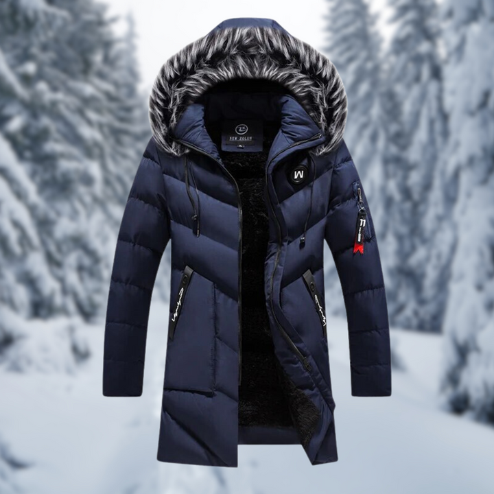 Dunkelblaue Winterjacke mit Kapuze aus Kunstfell und gestepptem Design
