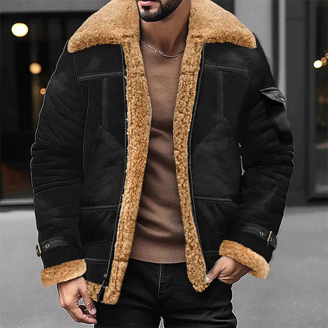 Schwarze Herren-Lederjacke mit Sherpa-Fell-Kragen und Teddyfutter