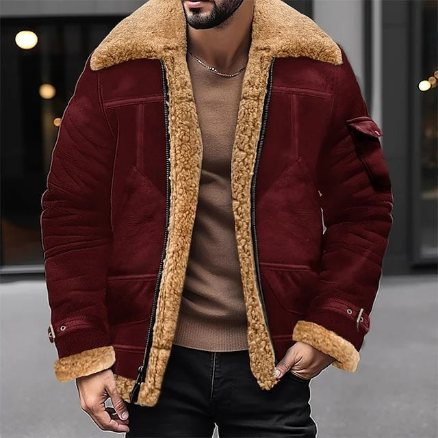 Weinrote Herren-Sherpa-Jacke mit Fellkragen und Reißverschluss