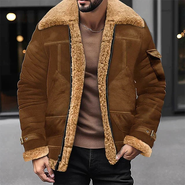 Braune Herren-Winterjacke mit Sherpa-Futter und Ärmeltasche