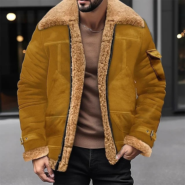 Senfgelbe Herren-Sherpa-Jacke mit Fellkragen im Bikerstil
