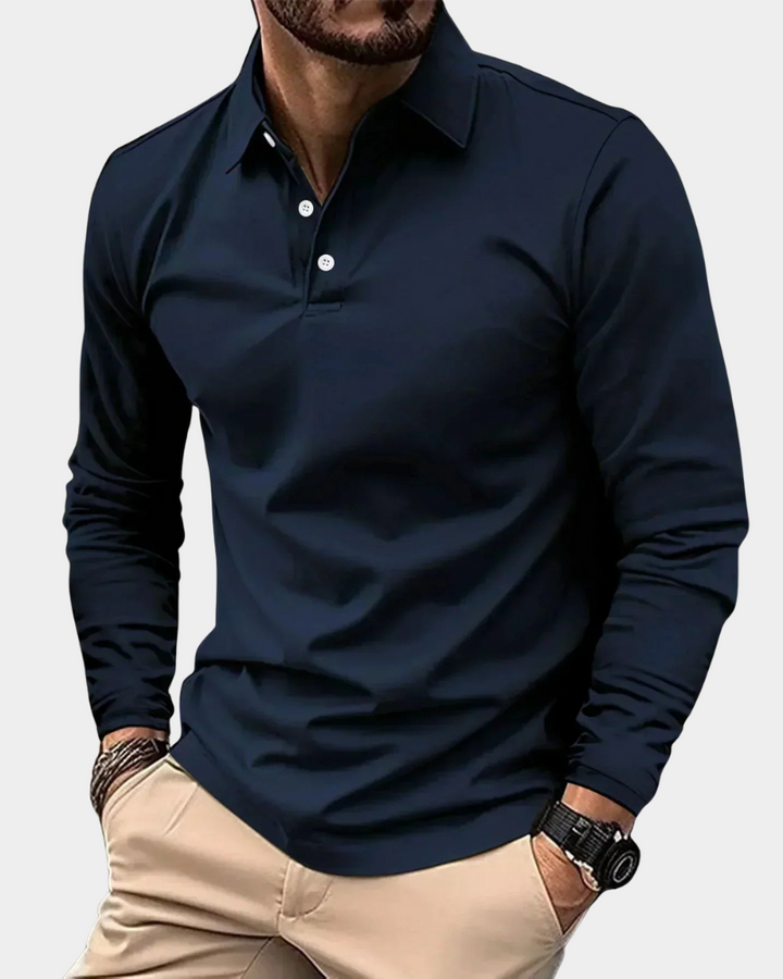 Marineblaues langärmeliges Polohemd mit Knopfleiste und klassischem Kragen