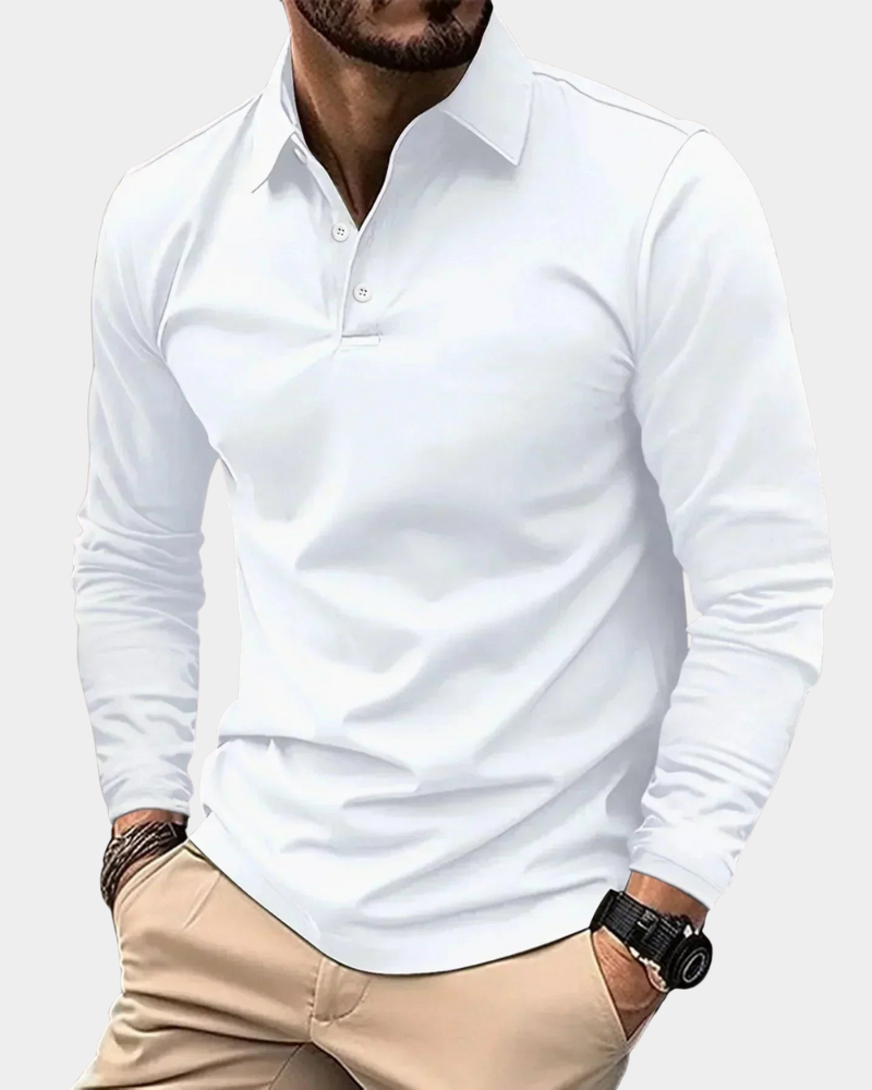 Weißes langärmeliges Herren-Polohemd mit klassischem Hemdkragen