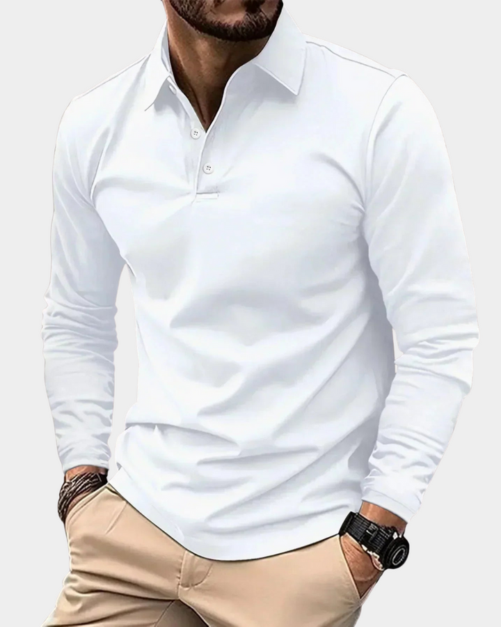 Weißes langärmeliges Herren-Polohemd mit klassischem Hemdkragen