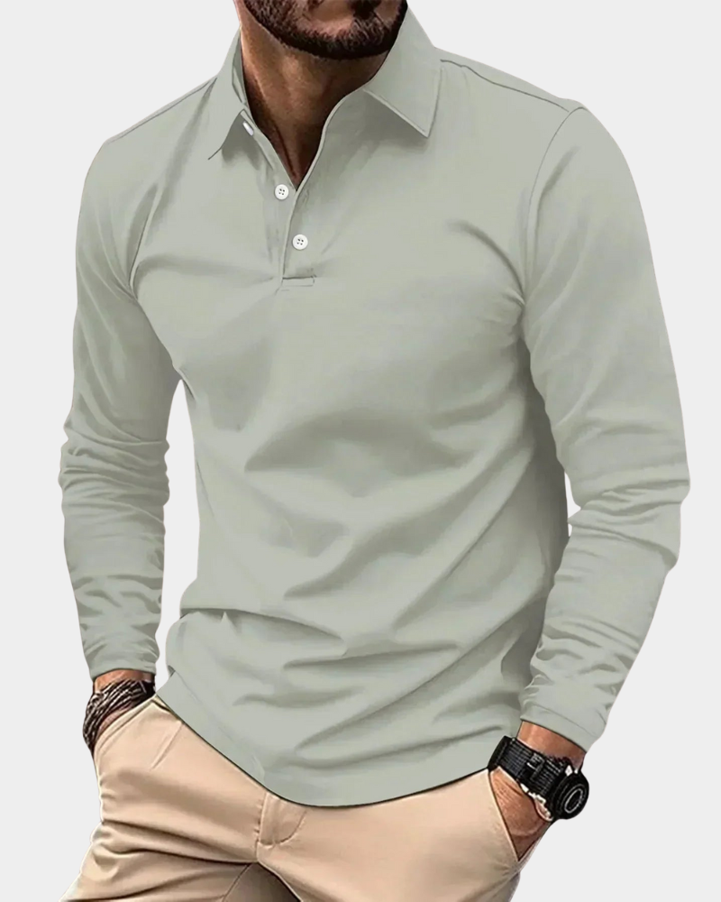 Salbeigrünes langärmeliges Polohemd in schlichtem Design für Herren
