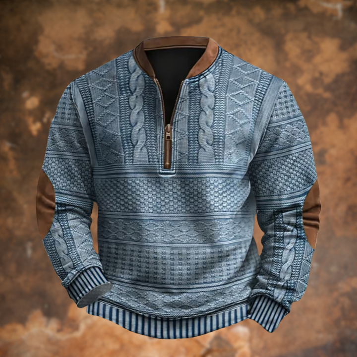 Herren Strickpullover blau mit Zopfmuster und Troyer-Kragen aus Kunstleder