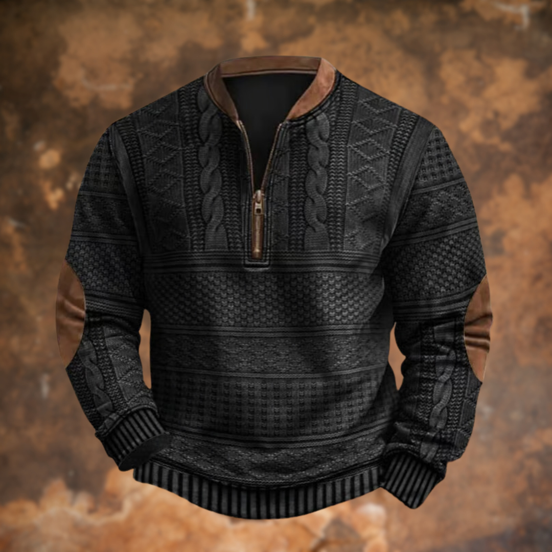 Schwarzer Herrenpullover mit Zopfmuster und Ellenbogen-Patches aus Leder