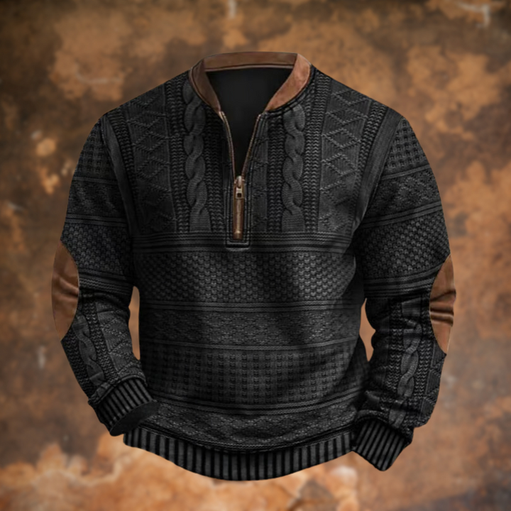 Schwarzer Herrenpullover mit Zopfmuster und Ellenbogen-Patches aus Leder