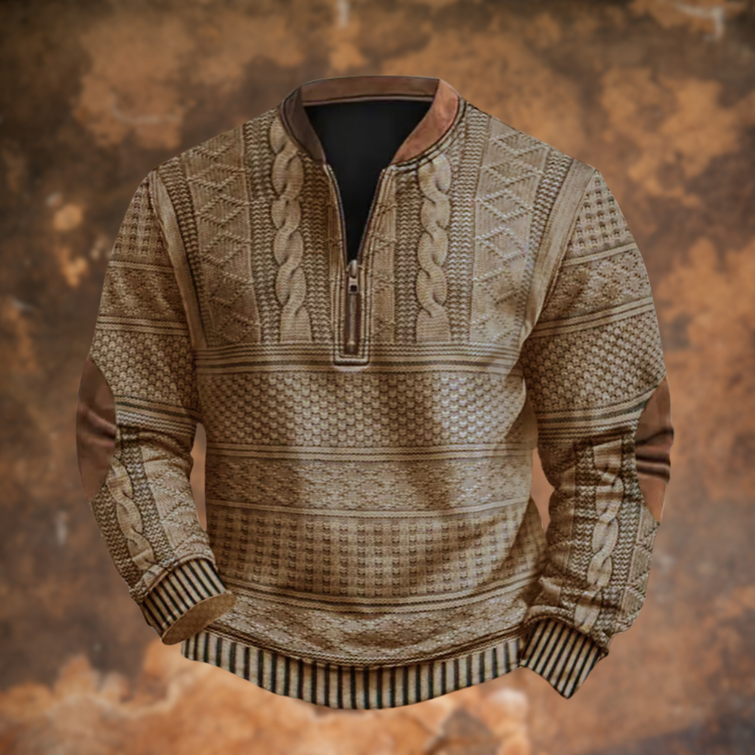 Beige gestrickter Herrenpullover mit Reißverschlusskragen und Zopfmuster