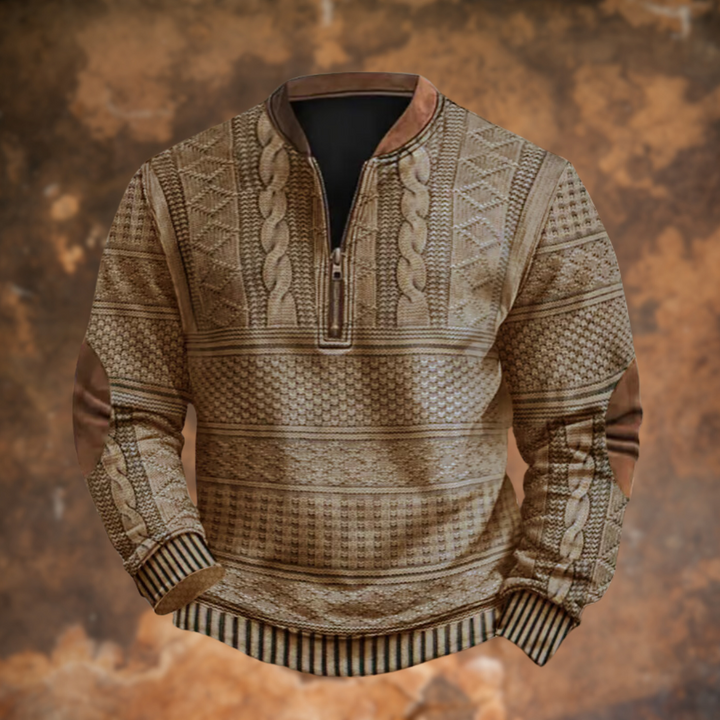 Beige gestrickter Herrenpullover mit Reißverschlusskragen und Zopfmuster