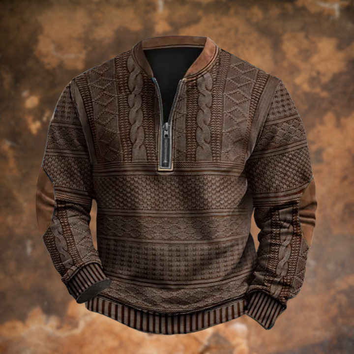 Brauner Strickpullover Herren mit Stehkragen und Lederdetails
