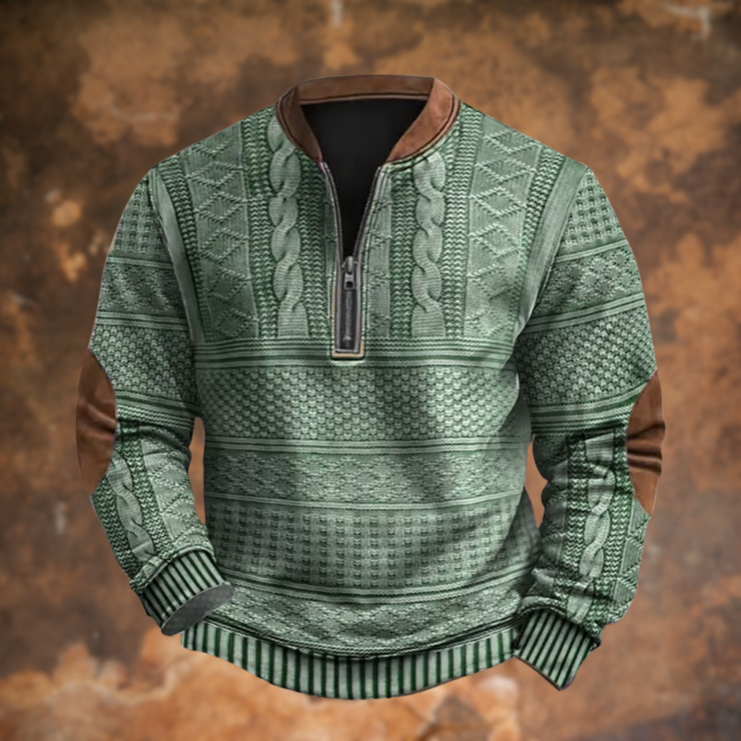 Grüner Strickpullover für Herren mit Musterdesign und Lederkragen