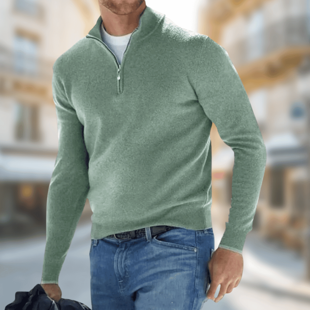 Salbeigrüner Strickpullover mit Zipper-Kragen für Herren, sportlich-elegant kombiniert