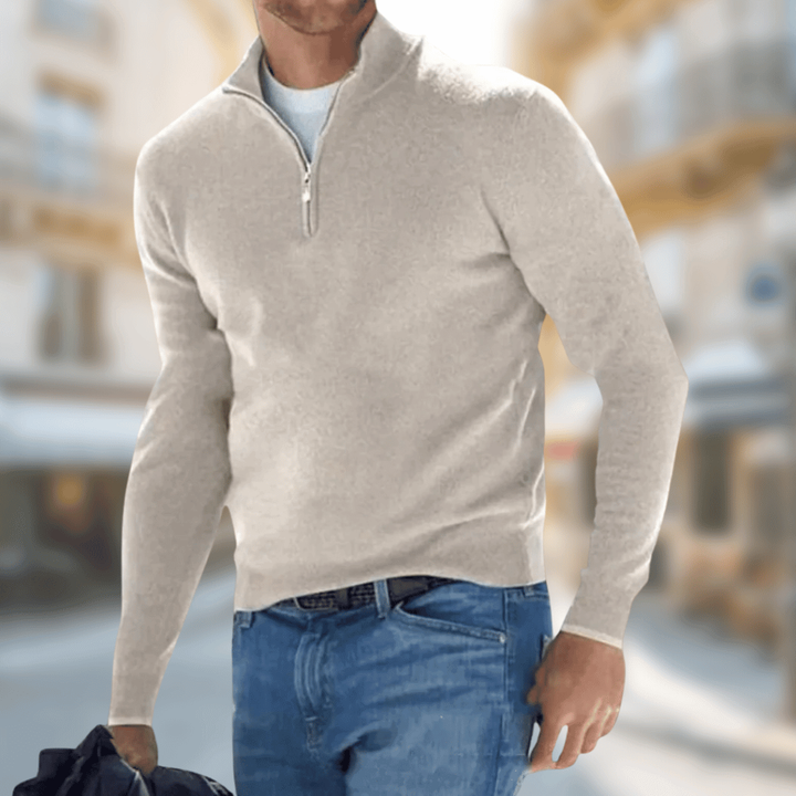 Beige melierter Herrenpullover mit Reißverschlusskragen im urbanen Streetstyle-Look