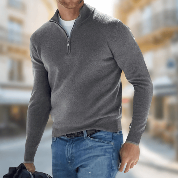 Grauer Freizeitpullover für Herren mit Stehkragen und silbernem Reißverschluss
