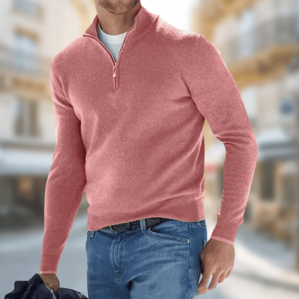 Altrosa Herrenpullover mit Reißverschlusskragen, casual mit Jeans und Ledergürtel