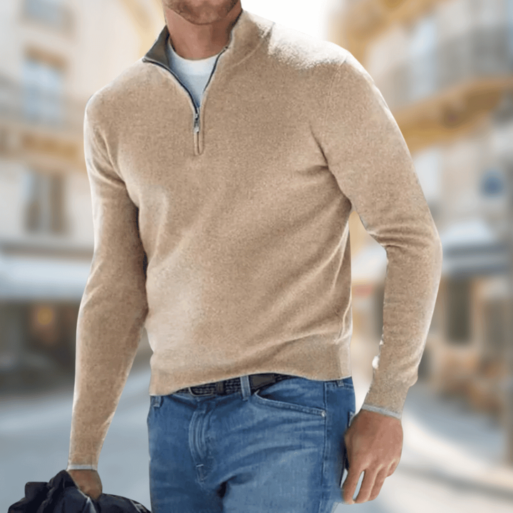 Camelfarbener Troyer-Pullover für Herren mit Reißverschluss am Stehkragen