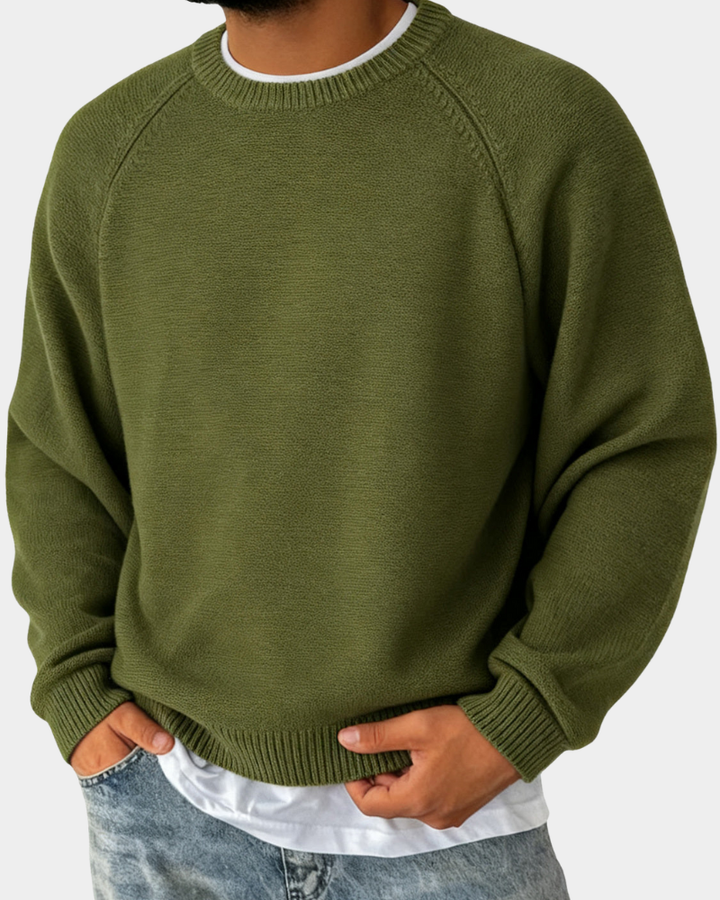 Olivgrüner Strickpullover mit Rippbündchen und lockerer Passform