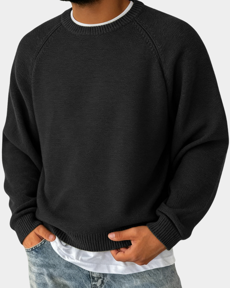 Schwarzer Rundhals-Pullover aus grobem Strick, casual Herrenlook