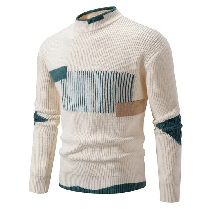 Herren Strickpullover in Creme mit grünem Colorblock-Streifenmuster und Stehkragen