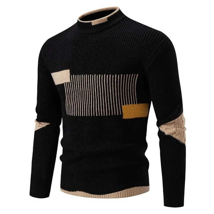 Schwarzer Herrenpullover mit beigem Streifen-Colorblock und geripptem Stehkragen