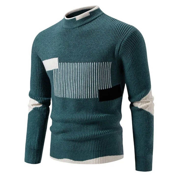 Petrolgrüner Strickpullover mit weißem Blockmuster und Rundhals-Stehkragen