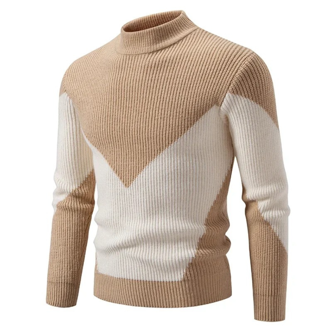 Beige-weißer Herrenpullover mit geometrischem Zickzack-Colorblock-Design