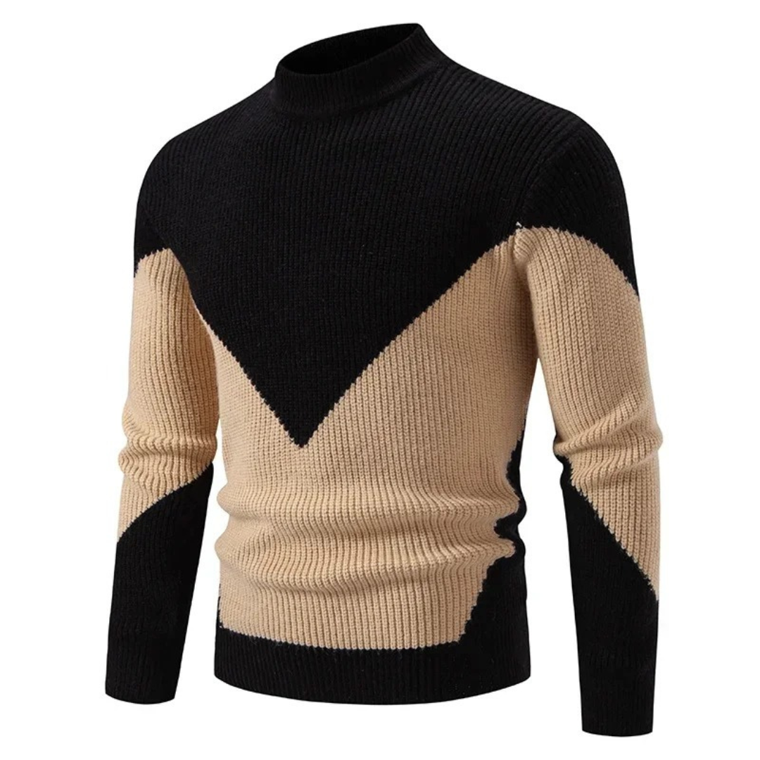 Schwarzer Strickpullover mit beigem Zickzackmuster und Stehkragen