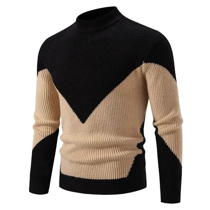 Schwarzer Strickpullover mit beigem Zickzackmuster und Stehkragen
