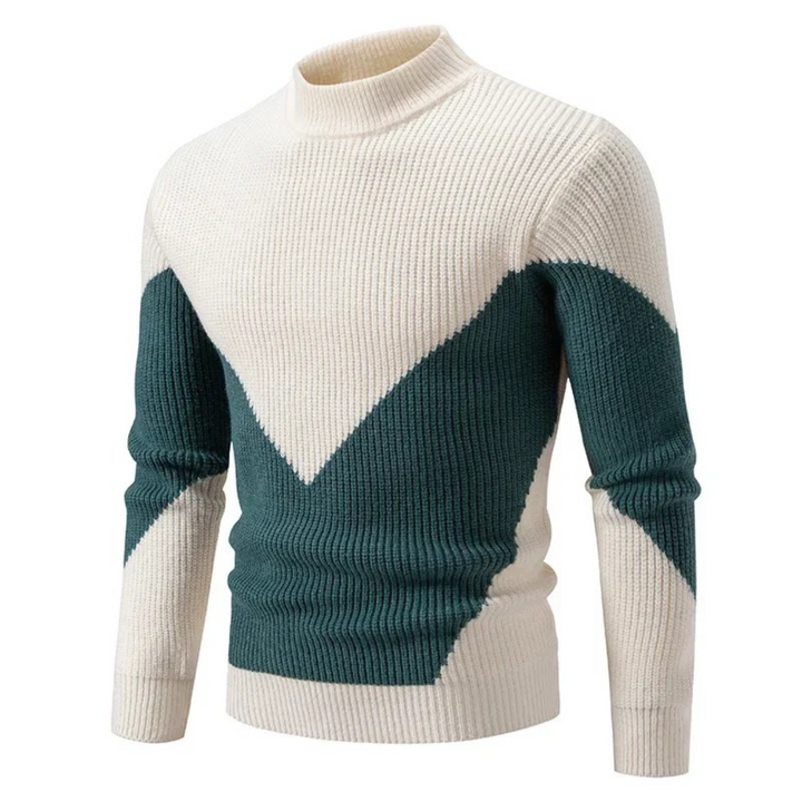 Cremefarbener Herrenpullover mit grünem Zickzack-Colorblock aus Feinstrick