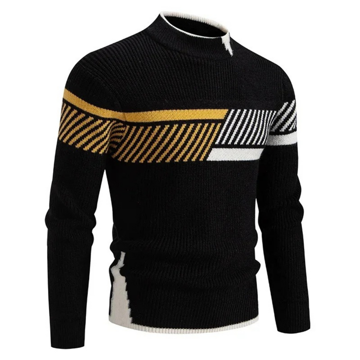 Schwarzer Herrenpullover mit gelb-weißem Streifendesign und Stehkragen