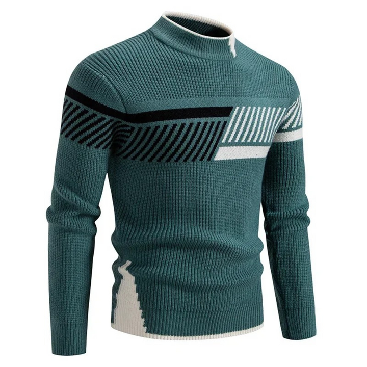 Petrolgrüner Strickpullover mit schwarz-weißem Streifenmuster und Stehkragen