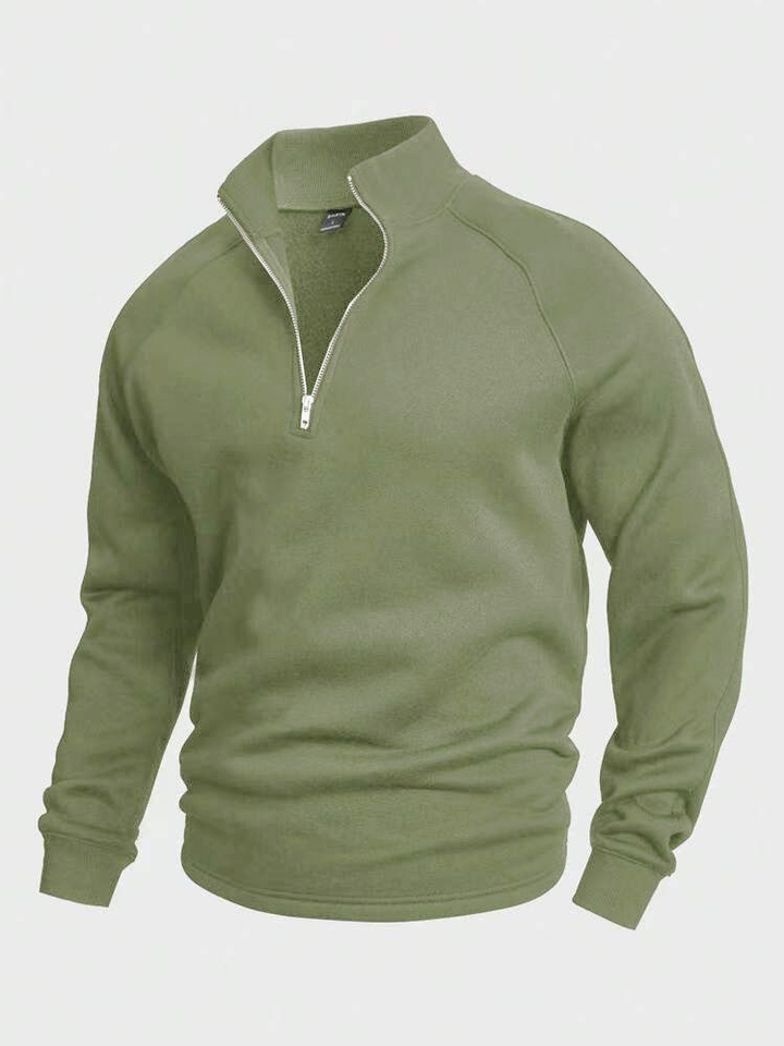 Olivgrüner Herrenpullover mit Stehkragen und silbernem Reißverschluss