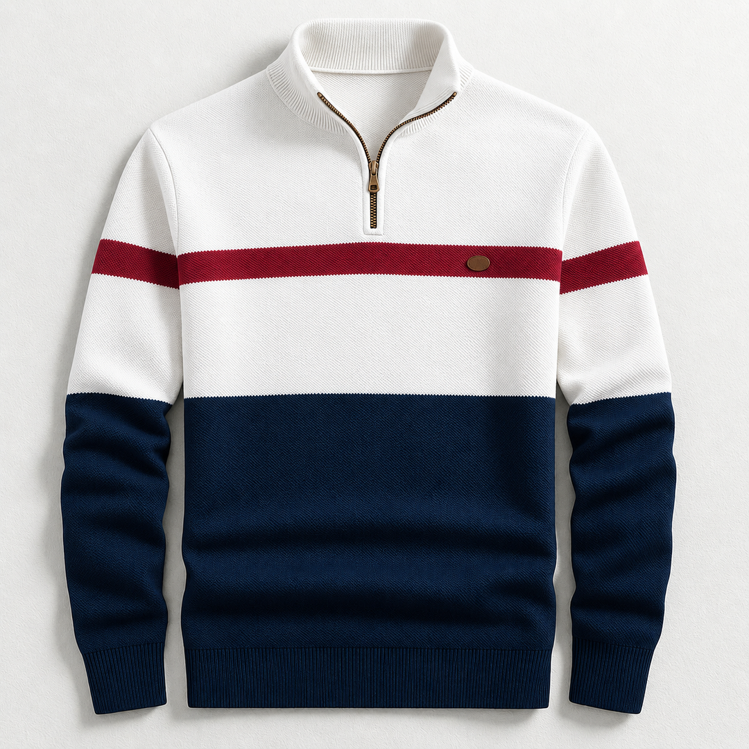 Half-Zip Pullover in Weiß mit marineblauem Colorblock und roter Streifendetail