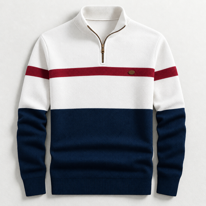 Half-Zip Pullover in Weiß mit marineblauem Colorblock und roter Streifendetail