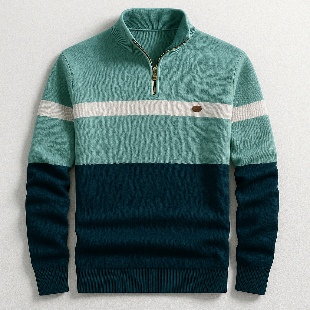 Herren Strickpullover mit Stehkragen in Mintgrün und dunklem Petrolblau