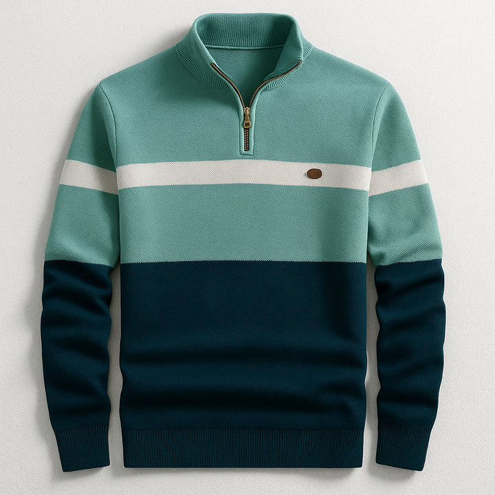 Herren Strickpullover mit Stehkragen in Mintgrün und dunklem Petrolblau