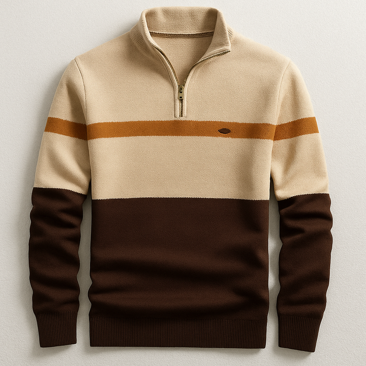 Half-Zip Strickpullover in Beige mit braunem Colorblock und Karamellstreifen