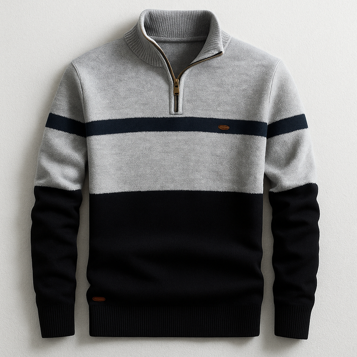 Meliert grauer Half-Zip Pullover mit schwarzem Colorblock und Kontraststreifen