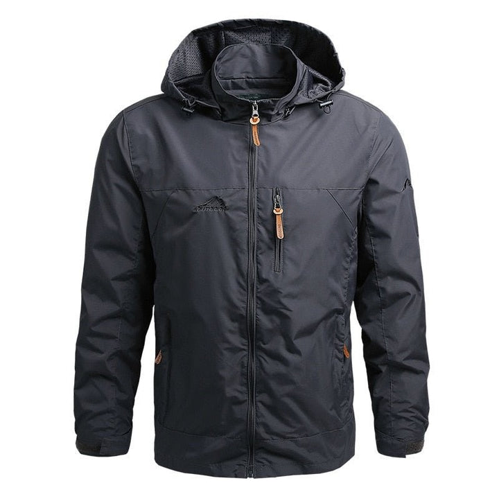Anthrazitgraue Outdoorjacke für Herren mit Kapuze und Reißverschlusstaschen