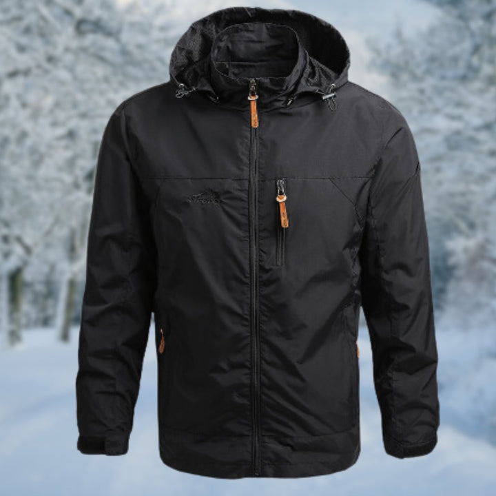 Schwarze Herren Softshell Jacke mit Kapuze und Brusttasche