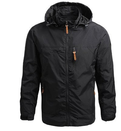 Schwarze Softshell Jacke für Herren mit Stehkragen und Kapuze