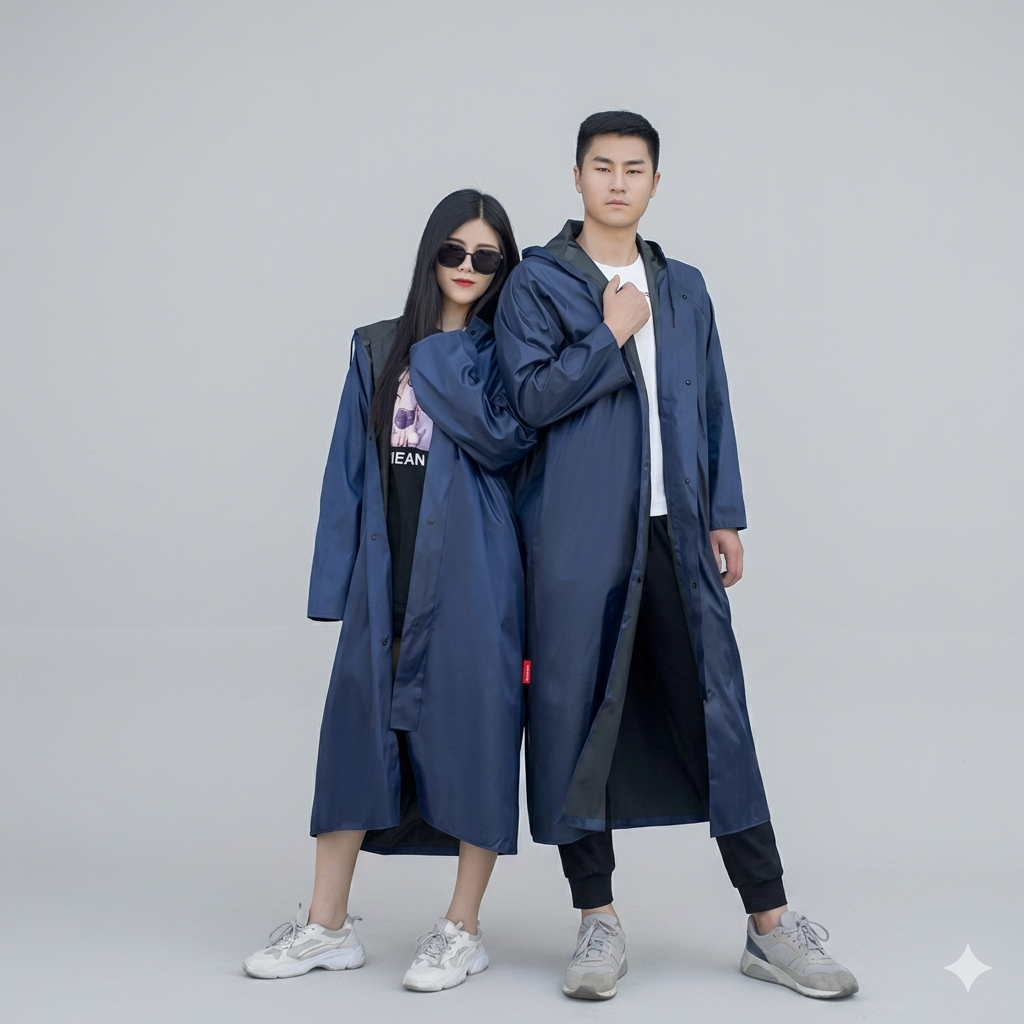 Paar trägt dunkelblaue lange Regenmäntel mit Kapuze im Partnerlook