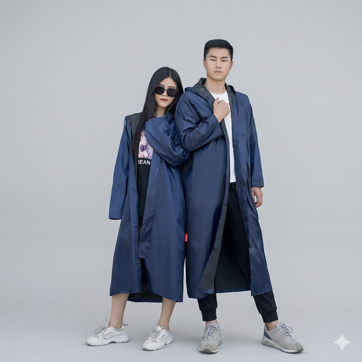 Paar trägt dunkelblaue lange Regenmäntel mit Kapuze im Partnerlook