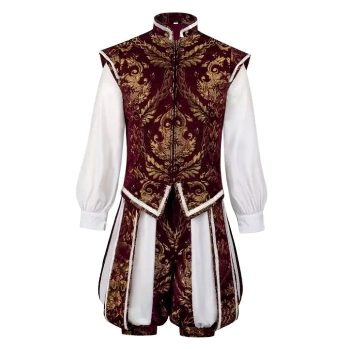 Komplettes Renaissance-Kostüm mit weißem Hemd, Brokatweste und Pluderhose freigestellt
