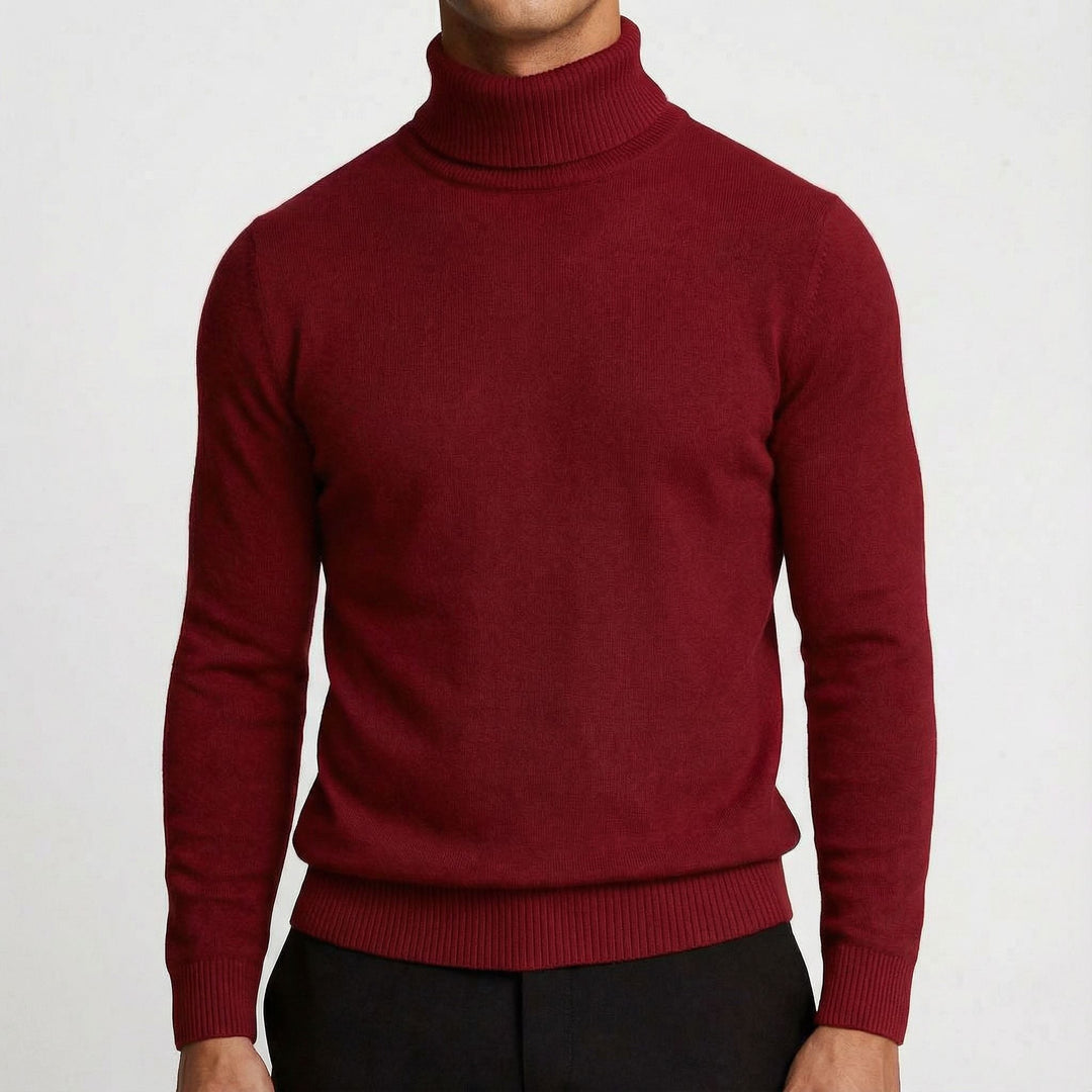 Bordeauxroter Rollkragenpullover aus Feinstrick zu dunkler Stoffhose