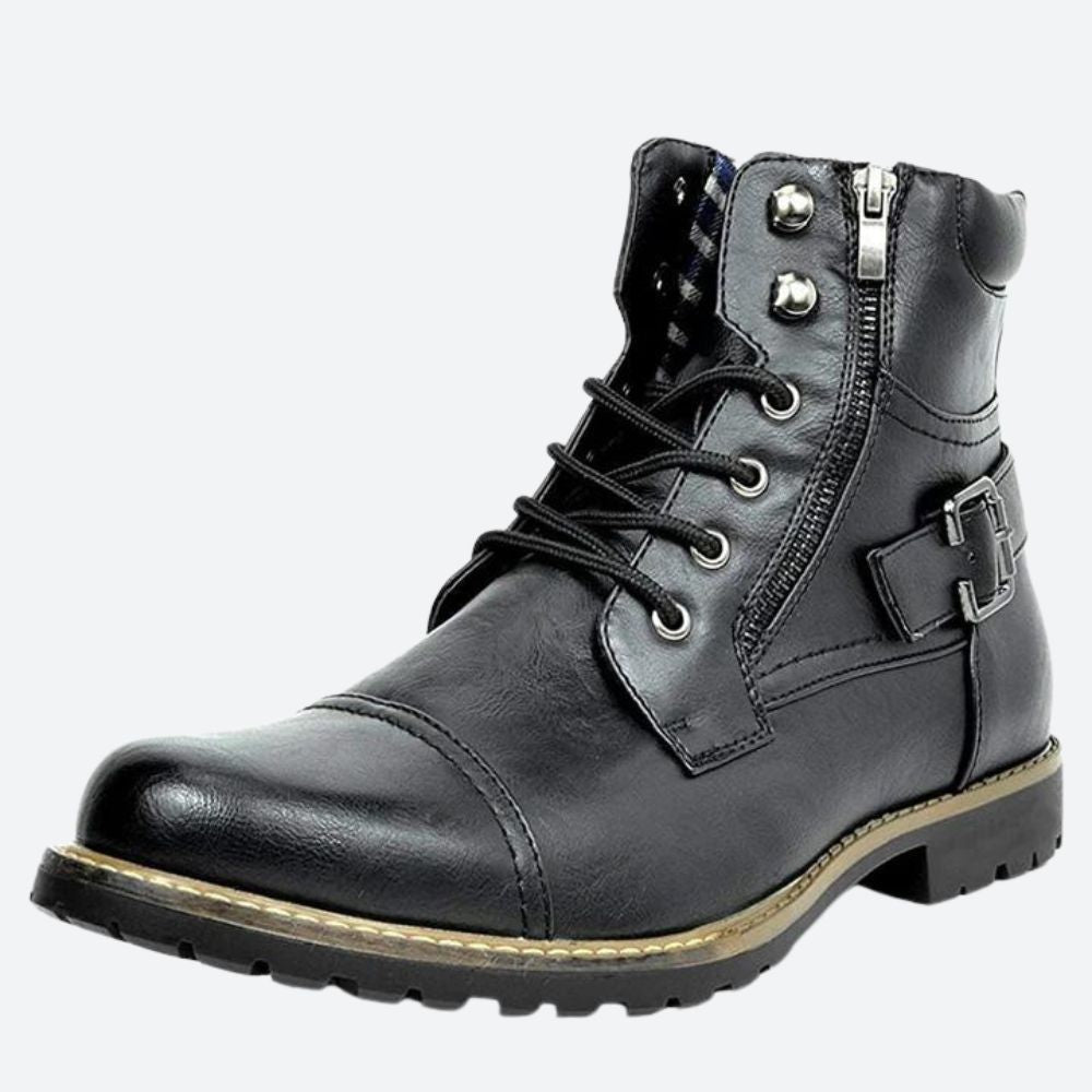 Schwarzer Herren-Motorradstiefel aus Leder mit Schnürung und Schnalle
