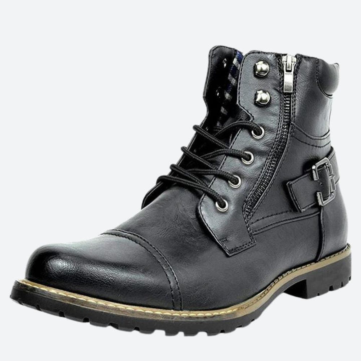 Schwarzer Herren-Motorradstiefel aus Leder mit Schnürung und Schnalle